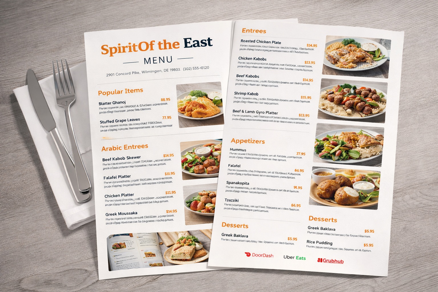 Structured restaurant menu and digital presentation example